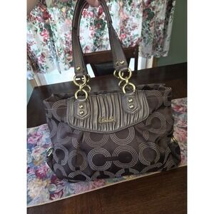 Coach Ashley Brown Metallic Op Art Gathered Leather Shoulder Bag H1282-F20056